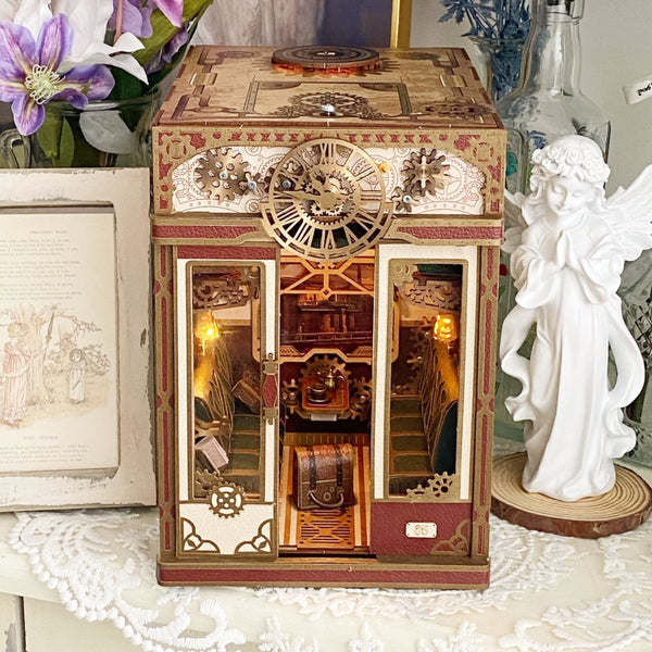 Steampunk Fantasy Infinite Train Cabin DIY Book Nook Kit, featuring realistic miniature details, motion rotating scenes, and interactive mechanisms