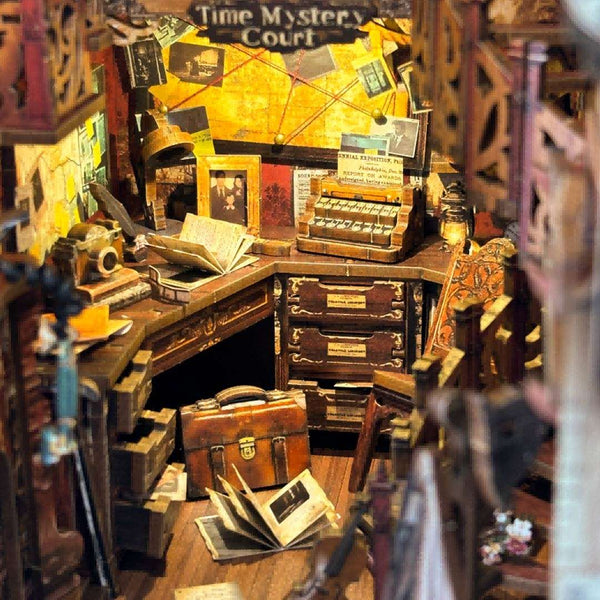 image displaying the details of detective's workbench in Bell's Mystery DIY Book Nook Shelf Insert