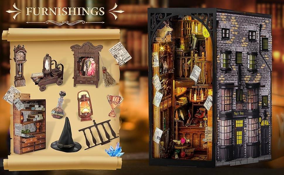 Magic Wand Shop Book Nook Kit, a miniature bookend inspired by Harry Potter. perfect for DIY lovers, dollhouse collectors, bookshelf insert decor, A great DIY 3d puzzle project for magic world fans.