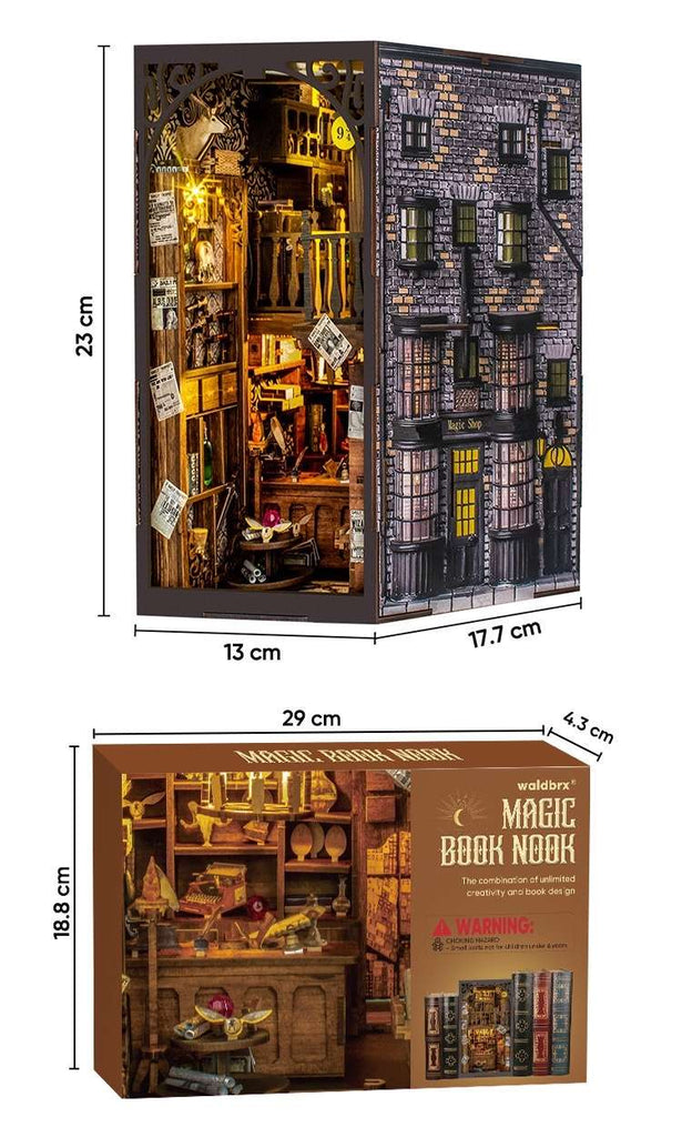 Magic Wand Shop Book Nook Kit, a miniature bookend inspired by Harry Potter. perfect for DIY lovers, dollhouse collectors, bookshelf insert decor, A great DIY 3d puzzle project for magic world fans.