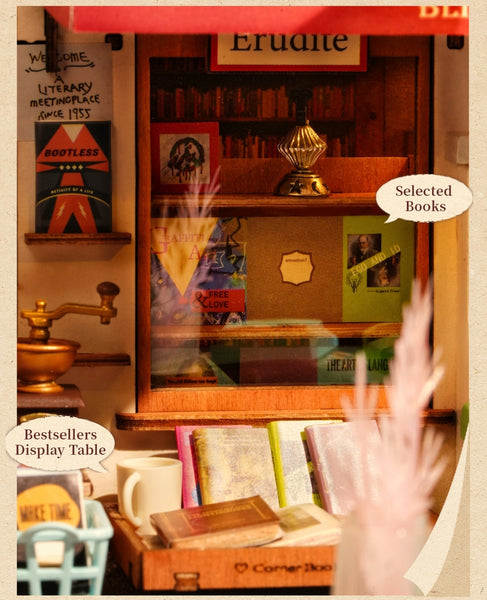 Close-up to display its showcase of Corner Bookstore DIY Miniature House kit