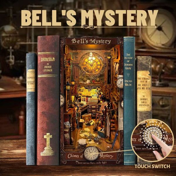 image displaying the touch-activated light of Bell's Mystery DIY Book Nook Shelf Insert