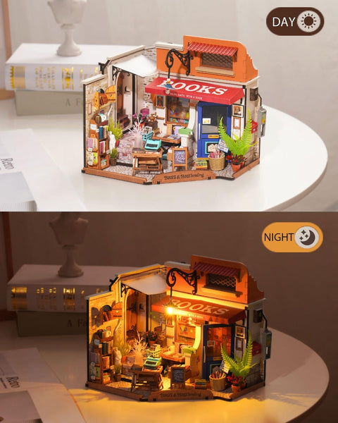 image showing warm light of Corner Bookstore DIY Miniature House kit