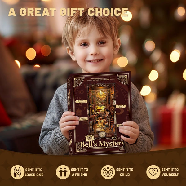 image displaying a kid holding the Bell's Mystery DIY Book Nook Kit happily