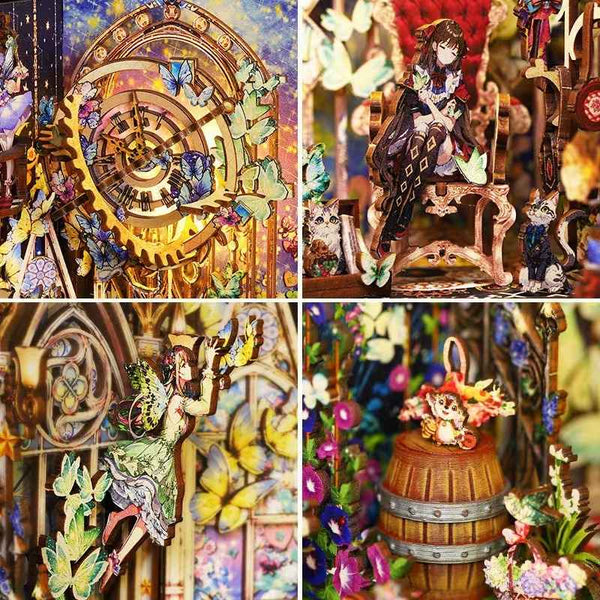 Fairy Tale Elf DIY Book Nook Kit, a miniature fairy tale in a forest, body sensor light, and dust cover. Perfect for shelf decor or as a magical gift.