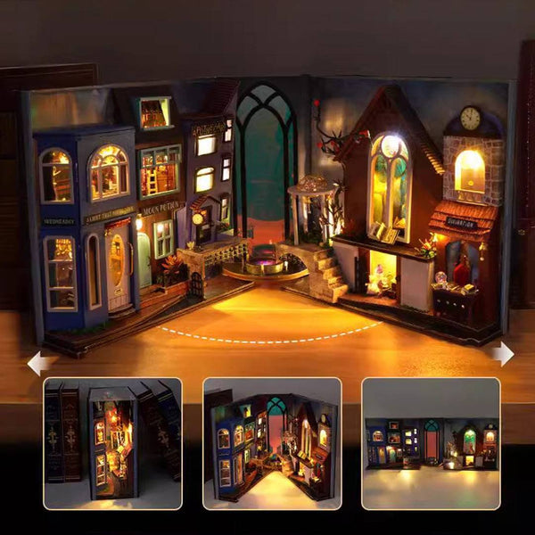 Magic Spell Street DIY Book Nook Kit, a miniature bookend inspired by diagon alley in Harry Potter. perfect for DIY lovers, dollhouse collectors, bookshelf insert decor, A great DIY project for magic world fans.