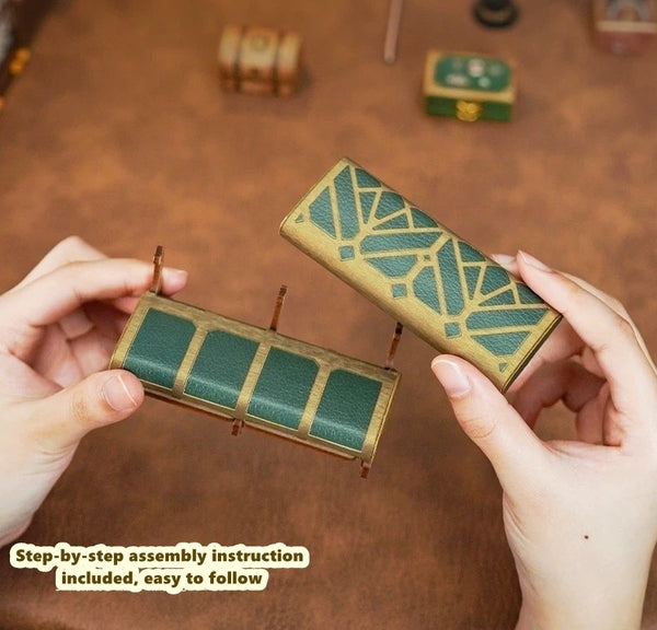 image displaying the puzzles of Steampunk Fantasy Infinite Train Cabin DIY Book Nook Kit are putting together