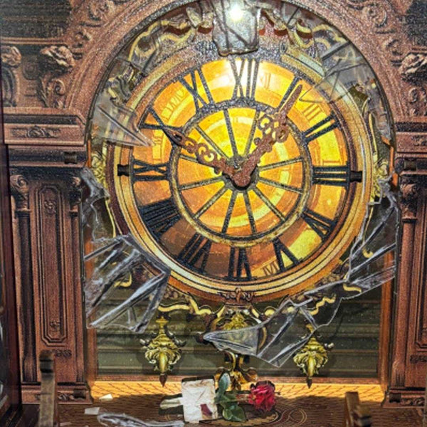 image displaying the grand translucent clock on the attic in Bell's Mystery DIY Book Nook Shelf Insert