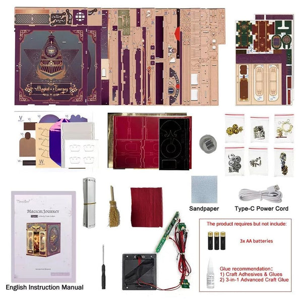 image displaying package spread out of Magical Journey Train Cabin DIY Book Nook Kit