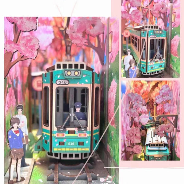 Japanese Sakura Densya DIY Book Nook Kit, A charming miniature 3d wooden puzzles the captures the essence of springtime in Japan, perfect for bookshelf decor or a delightful gift for Japanese culture lovers. Scene 2