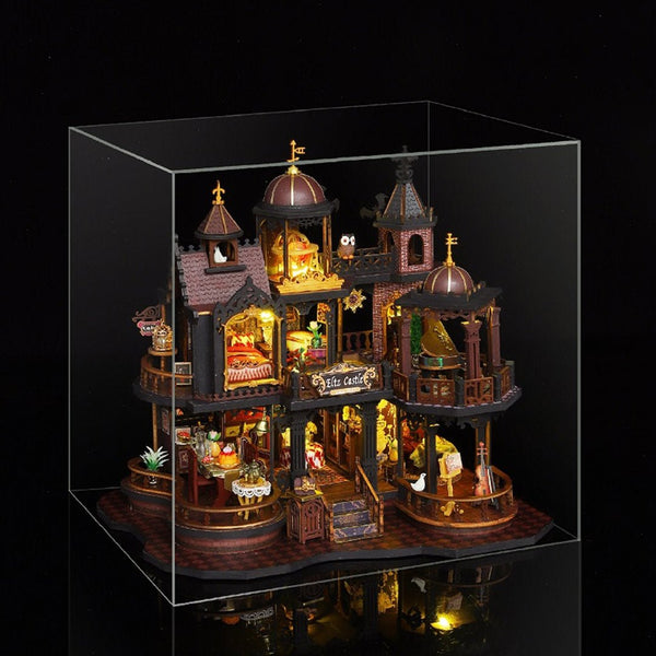 a finished Edinburgh Castle Miniature House in a acrylic dust cover