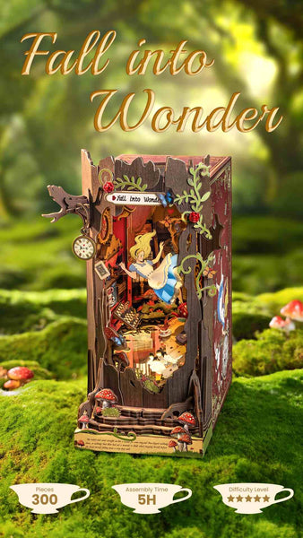 image displaying the fully assembled Fall Into Wonder DIY Book Nook kit in a forest setting