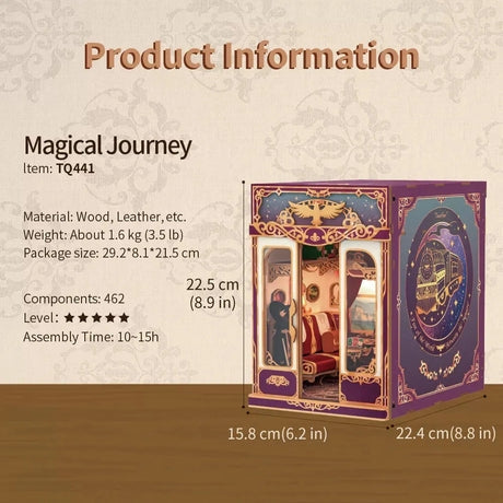 image displaying specifications of Magical Journey Train Cabin DIY Book Nook Kit