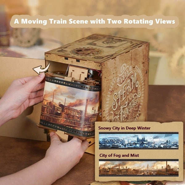 image displaying the motion scene machine in Steampunk Fantasy Infinite Train Cabin DIY Book Nook Kit