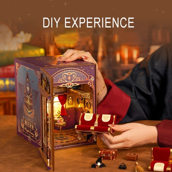 image displaying miniature items putting Magical Journey Train Cabin DIY Book Nook Kit