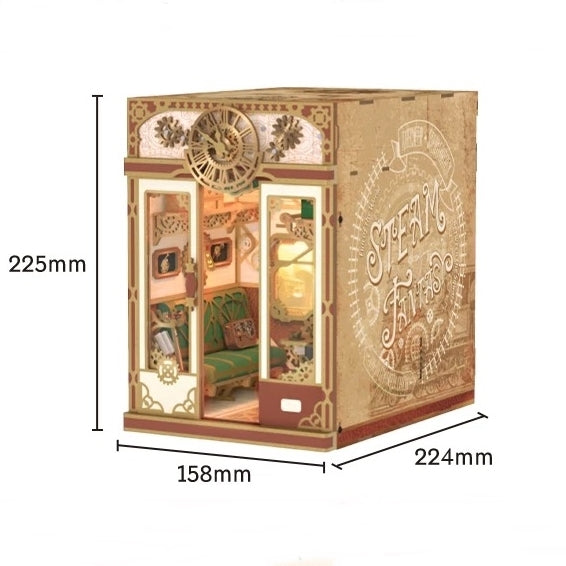 image displaying the sizes of Steampunk Fantasy Infinite Train Cabin DIY Book Nook Kit