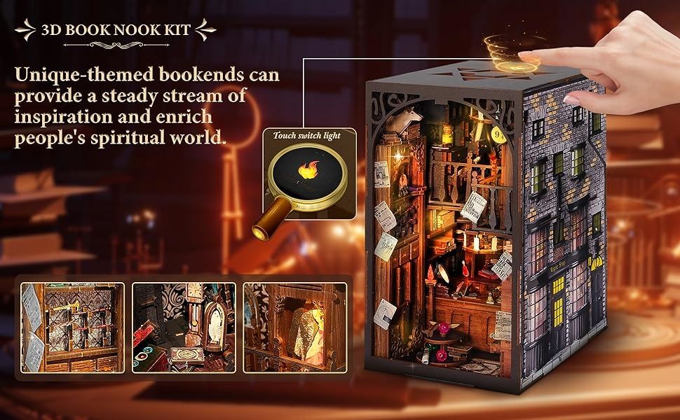 Magic Wand Shop Book Nook Kit, a miniature bookend inspired by Harry Potter. perfect for DIY lovers, dollhouse collectors, bookshelf insert decor, A great DIY 3d puzzle project for magic world fans.