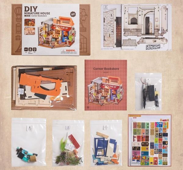 packing list of Corner Bookstore DIY Miniature House kit
