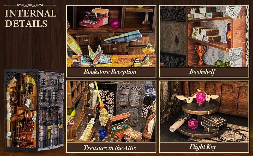 Magic Wand Shop Book Nook Kit, a miniature bookend inspired by Harry Potter. perfect for DIY lovers, dollhouse collectors, bookshelf insert decor, A great DIY 3d puzzle project for magic world fans.