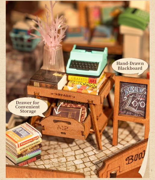 Close-up to display its outdoor book area of Corner Bookstore DIY Miniature House kit