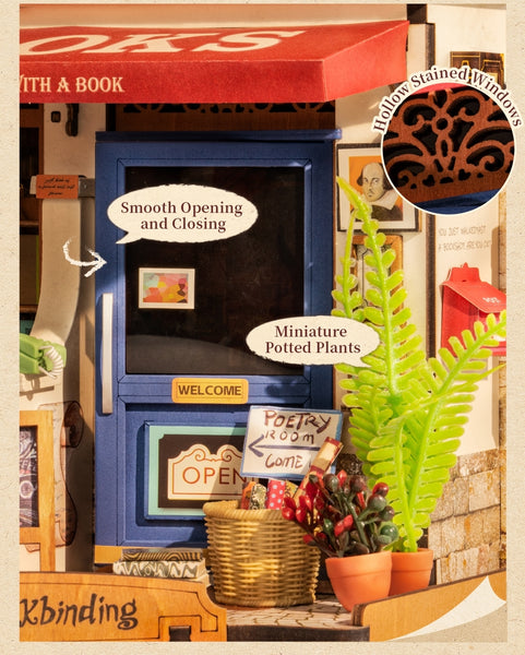 Close-up to display its Klein blue door of Corner Bookstore DIY Miniature House kit