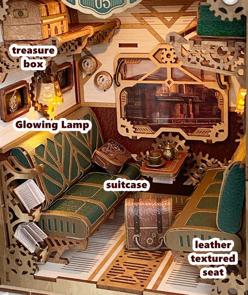 miniature details of Steampunk Fantasy Infinite Train Cabin DIY Book Nook Kit, including the suitcase, hat, seat, and treasure box and so on