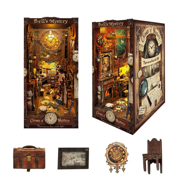 image displaying the front side and right side of Bell's Mystery DIY Book Nook, and miniature clock, chair, frame, and briefcase, to showcase its feature of fun DIY experience