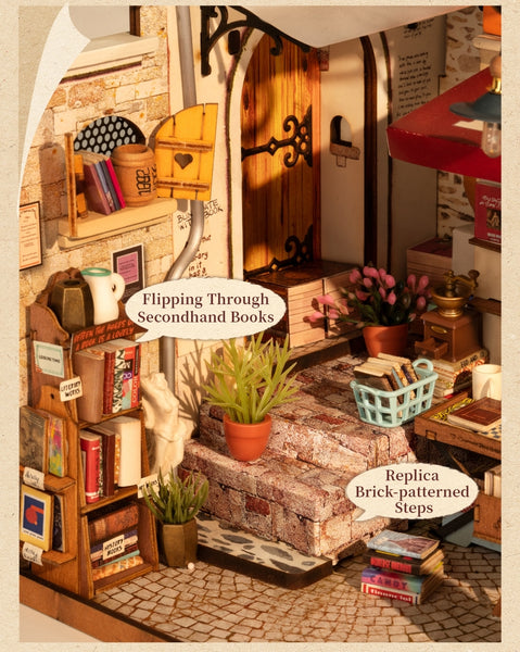 Close-up to display its vintage alley of Corner Bookstore DIY Miniature House kit