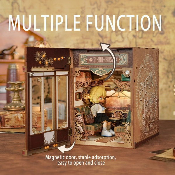 image displaying the interactive and realistic features of Steampunk Fantasy Infinite Train Cabin DIY Book Nook Kit