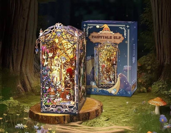 Fairy Tale Elf DIY Book Nook Kit, a miniature fairy tale in a forest, body sensor light, and dust cover. Perfect for shelf decor or as a magical gift.
