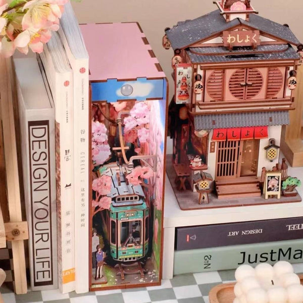 Japanese Sakura Densya DIY Book Nook Kit, A charming miniature 3d wooden puzzles the captures the essence of springtime in Japan, perfect for bookshelf decor or a delightful gift for Japanese culture lovers. size