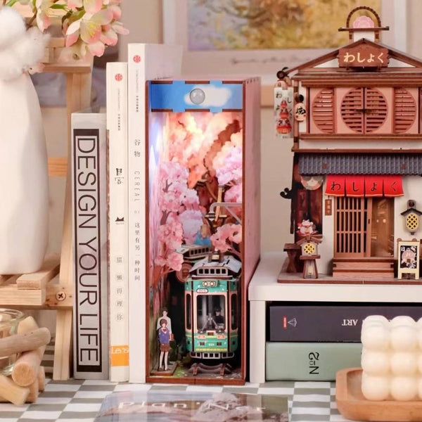 Japanese Sakura Densya DIY Book Nook Kit, A charming miniature 3d wooden puzzles the captures the essence of springtime in Japan, perfect for bookshelf decor or a delightful gift for Japanese culture lovers. snap-in design