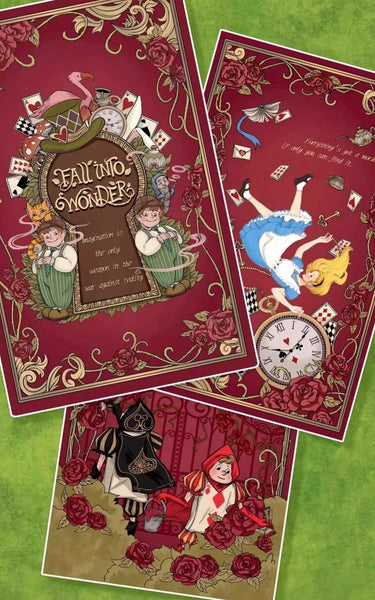 pre-printed book covers with story plots of Fall Into Wonder DIY Book Nook kit