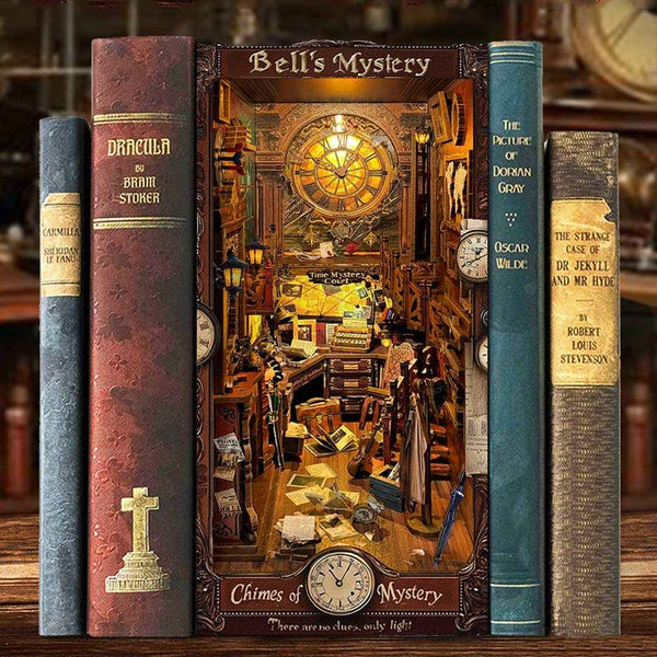 image displaying the Bell's Mystery DIY Book Nook Kit with warm light in a bookshelf setting