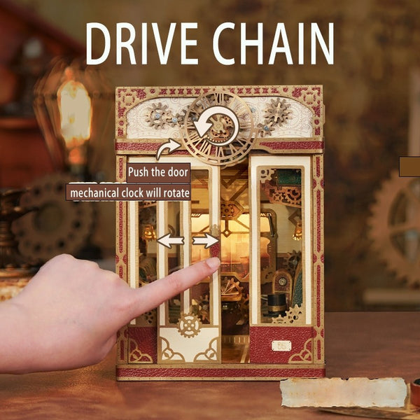 image displaying the interactive mechanism of Steampunk Fantasy Infinite Train Cabin DIY Book Nook Kit