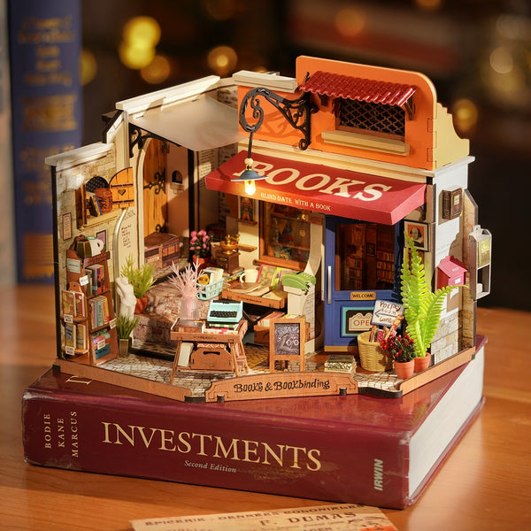 a finished model of Corner Bookstore DIY Miniature House kit