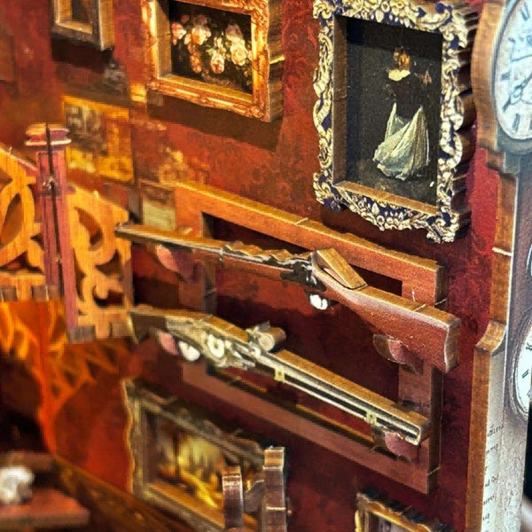 image displaying the right side in Bell's Mystery DIY Book Nook Shelf Insert, including the spiral staircase, miniature hunting rifles