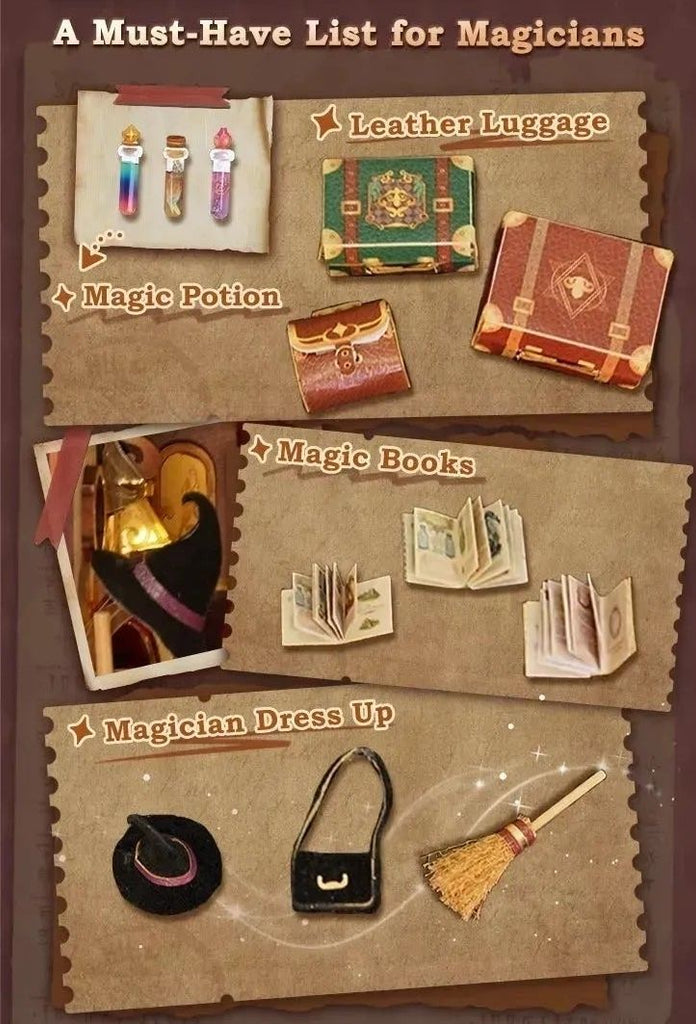 image listing the magical items of Magical Journey Train Cabin DIY Book Nook Kit